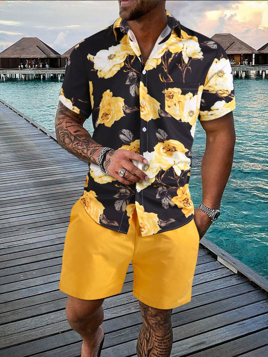 Manfinity RSRT Men Floral Print Shirt & Drawstring Waist Shorts Without Tee