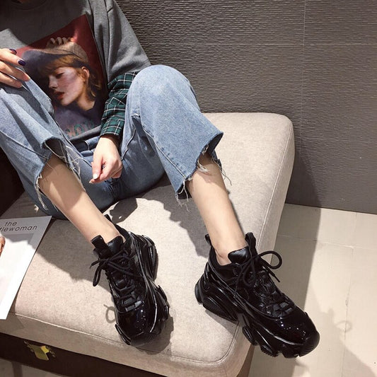 Rimocy Silver Patent Leather Chunky Sneakers Women 2020 Spring Punk Style High