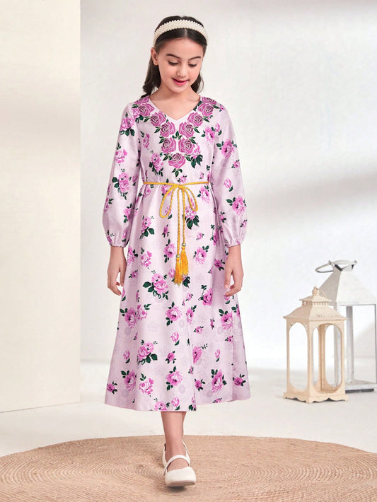 Girls 1pc Floral Print Lantern Sleeve Belted Dress