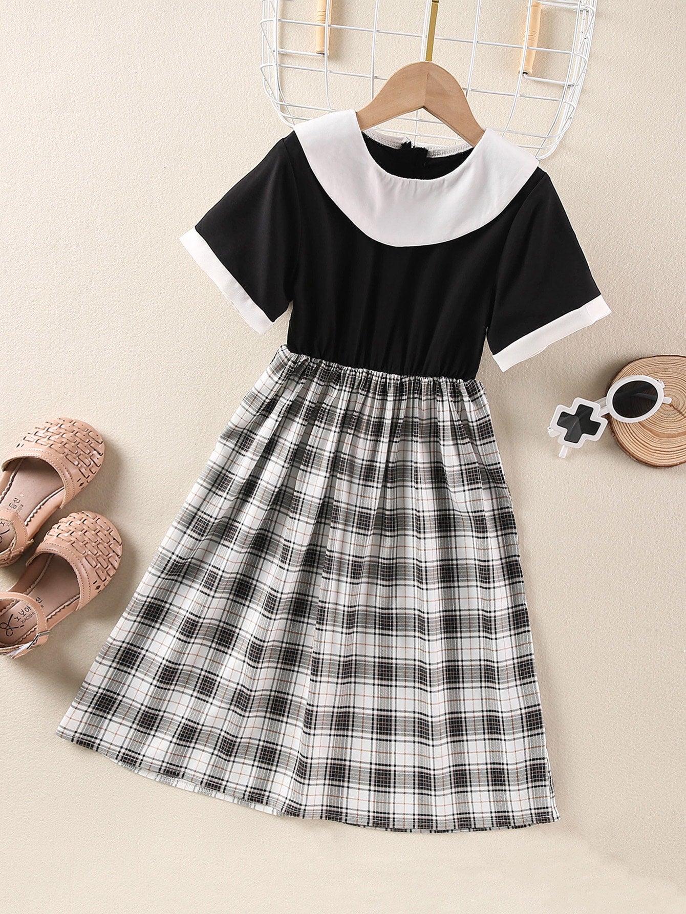 Girls Plaid Print Contrast Collar A-line Dress