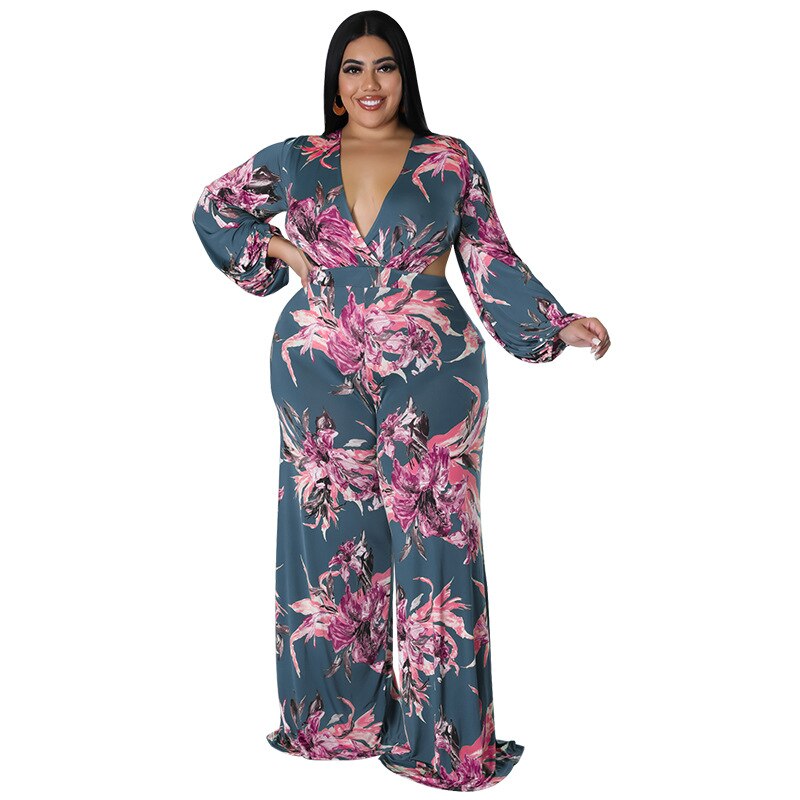 Plus Size Women 5xl Jumpsuits Floral Print One Piece Outfit Fashion v Neck Long