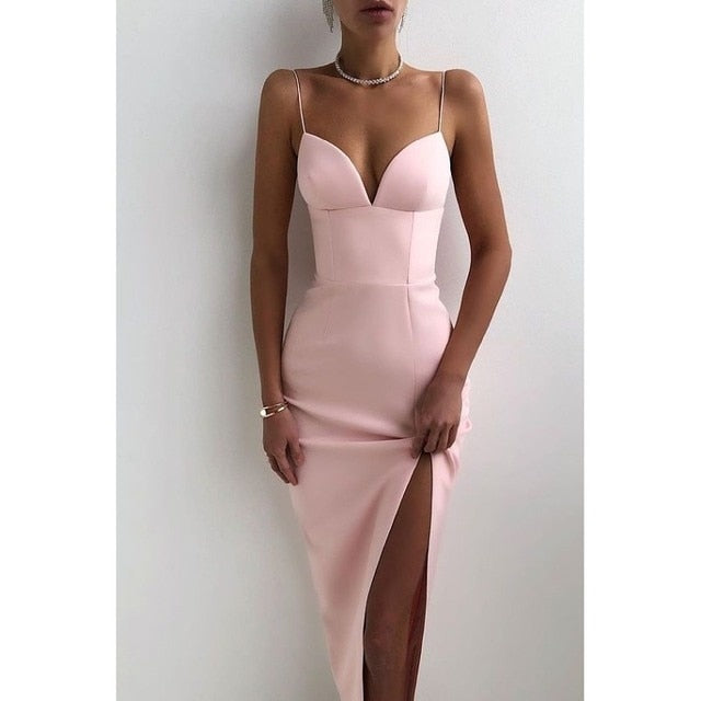 wsevypo Elegant High Slit Midi Bodycon Dress Women Gorgeous Spaghetti Straps