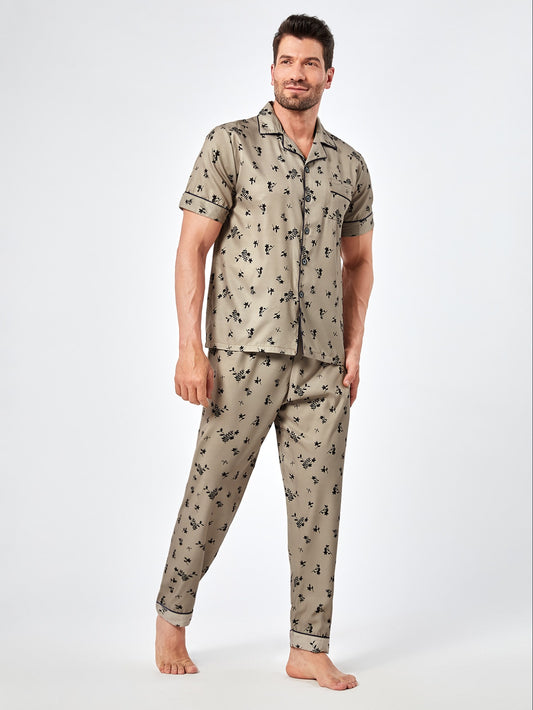 Men Allover Print Contrast Piping PJ Set