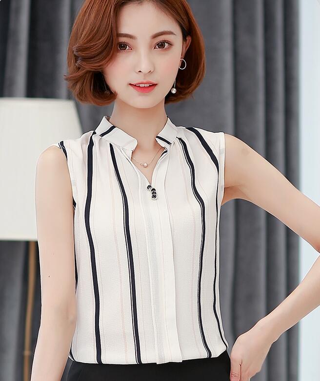 Women Chiffon Shirt Female Summer Sleeveless Stand Collar Blouse Office Ladies