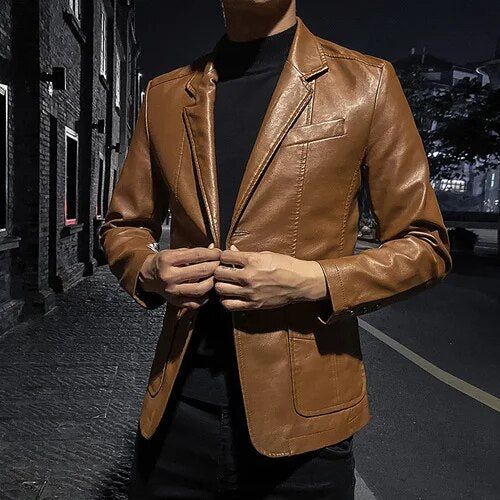 Spring New Black PU Suit Jacket Men's Fashion Slim Leather Jacket Business Casu