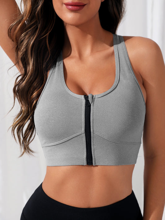 Scoop Neck Zipper Front Crop Sports Bra