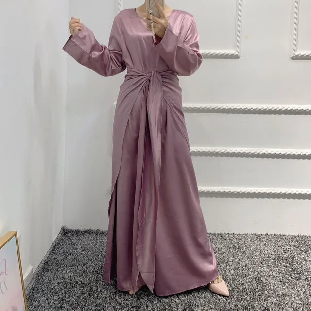 NEW2023 3 Pieces Matching Muslim Sets Eid Satin Abayas for Women Dubai