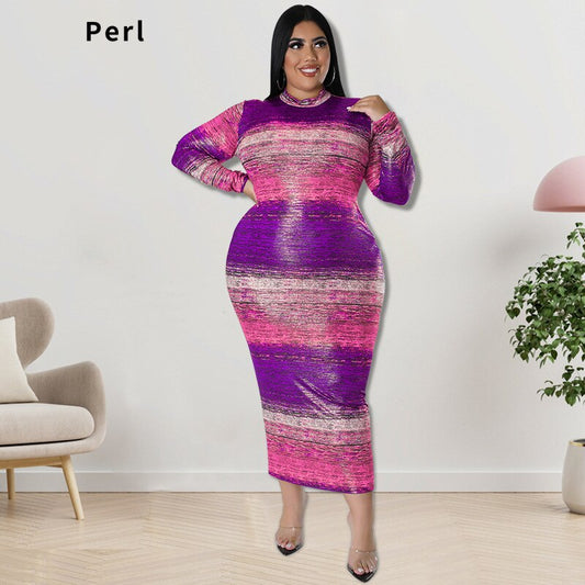 Perl Plus Size Patchwork Maxi Dress for Women 2022 Full Sleeve Slim Female Outf