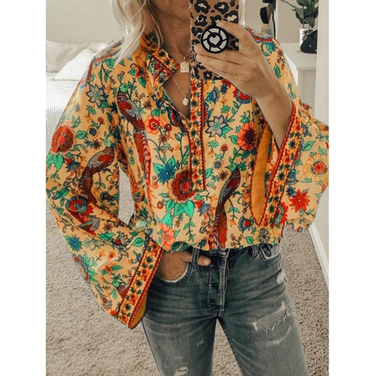 CINESSD 2020 Women Print Blouses Casual Loose Tops Stand V Neck Long Sleeves