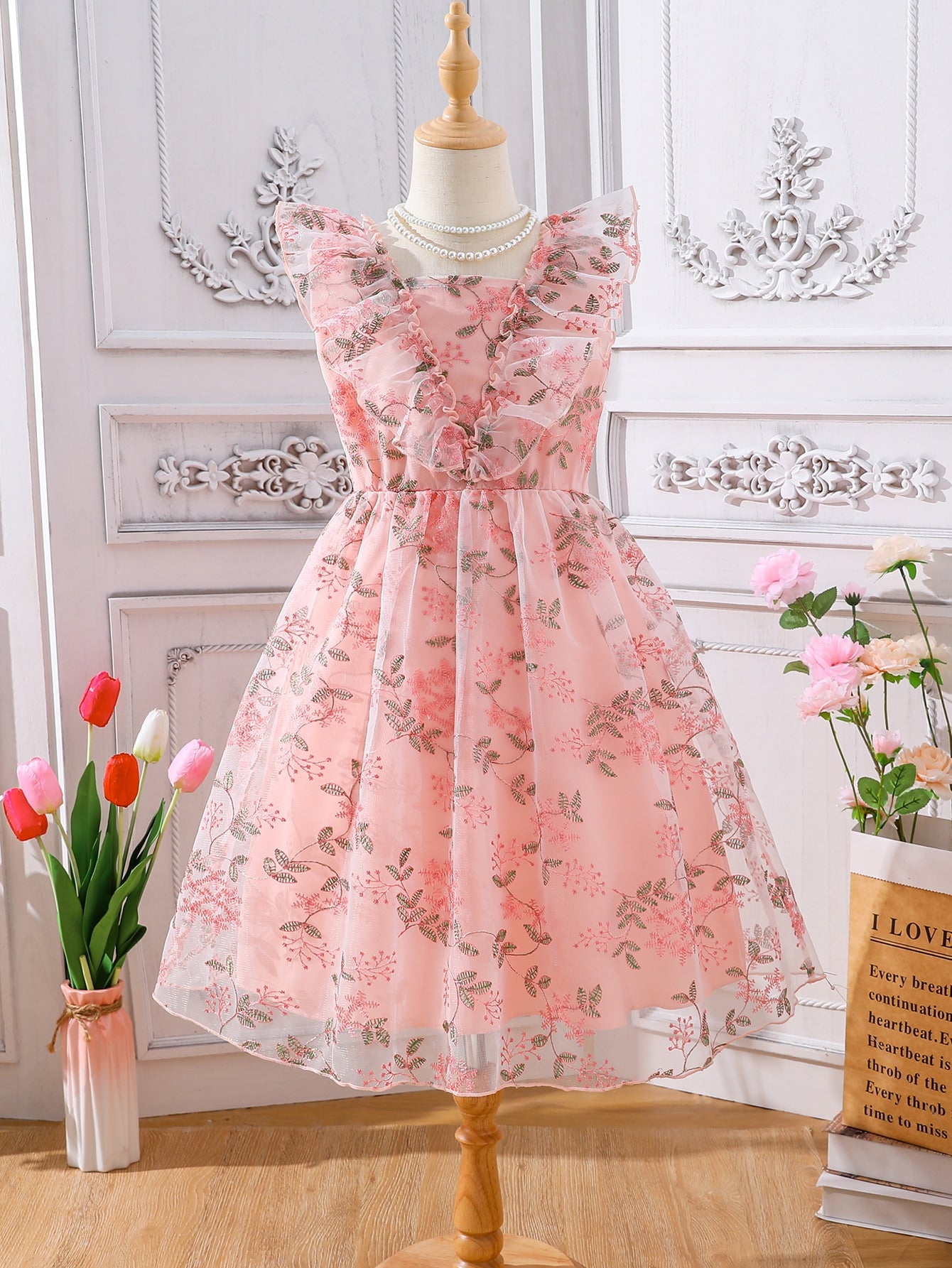 Girls Floral Embroidery Ruffle Trim Mesh Overlay Dress