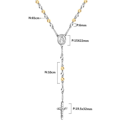 LUXUSTEEL Beads Jesus Cross Long Necklace For Women Men Stainless Steel Rosary