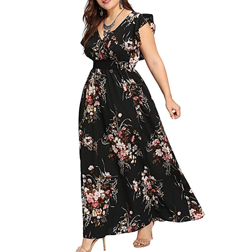 Women Sleeveless V Neck Dress Size Floral Boho Summer Print Plus Size Dresses