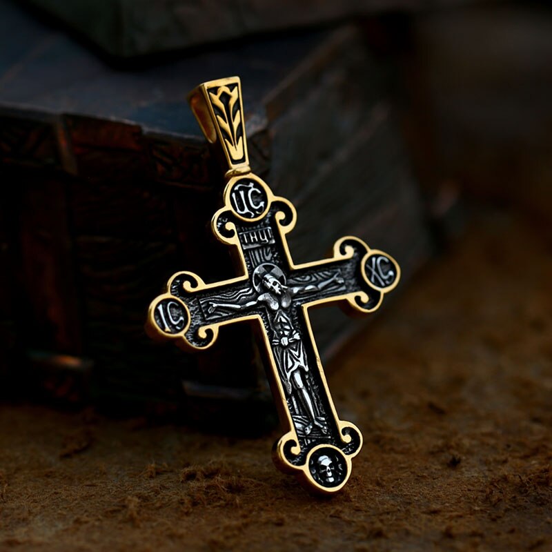 Jesus Cross Men's Stainless Steel Crucifix Eastern Orthodox Pendant Chain