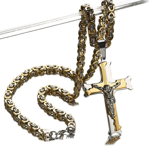 Christian Jesus Cross Pendant Necklaces Thick Link Byzantine Chain Stainless