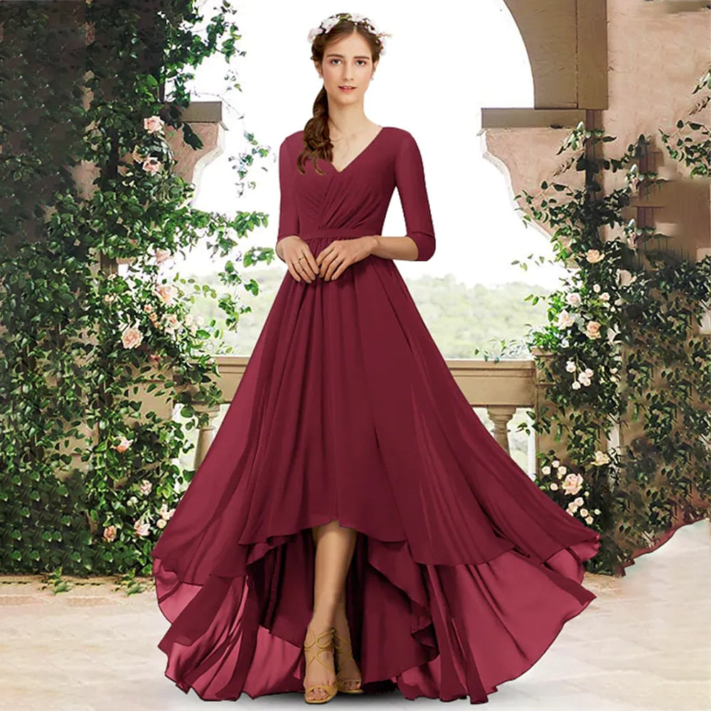 UETEEY Wine Red Asymmetrical Bridesmaid Dress v Neck 3/4 Length Sleeve Chiffon 2