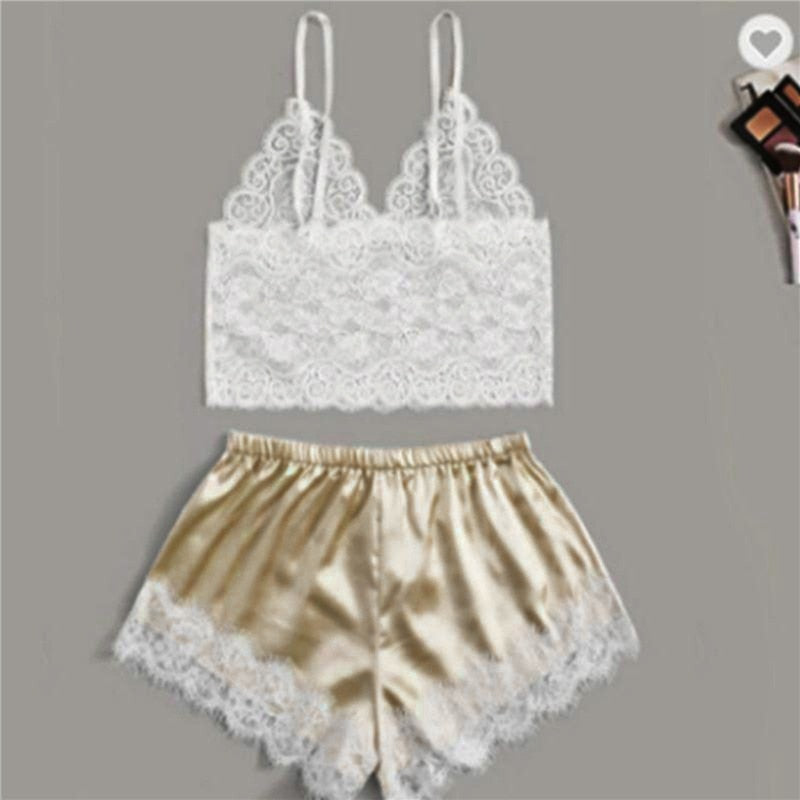 Cute Lingerie Women Sleepwear Satin White Lace Camisole Shorts V-Neck Tops