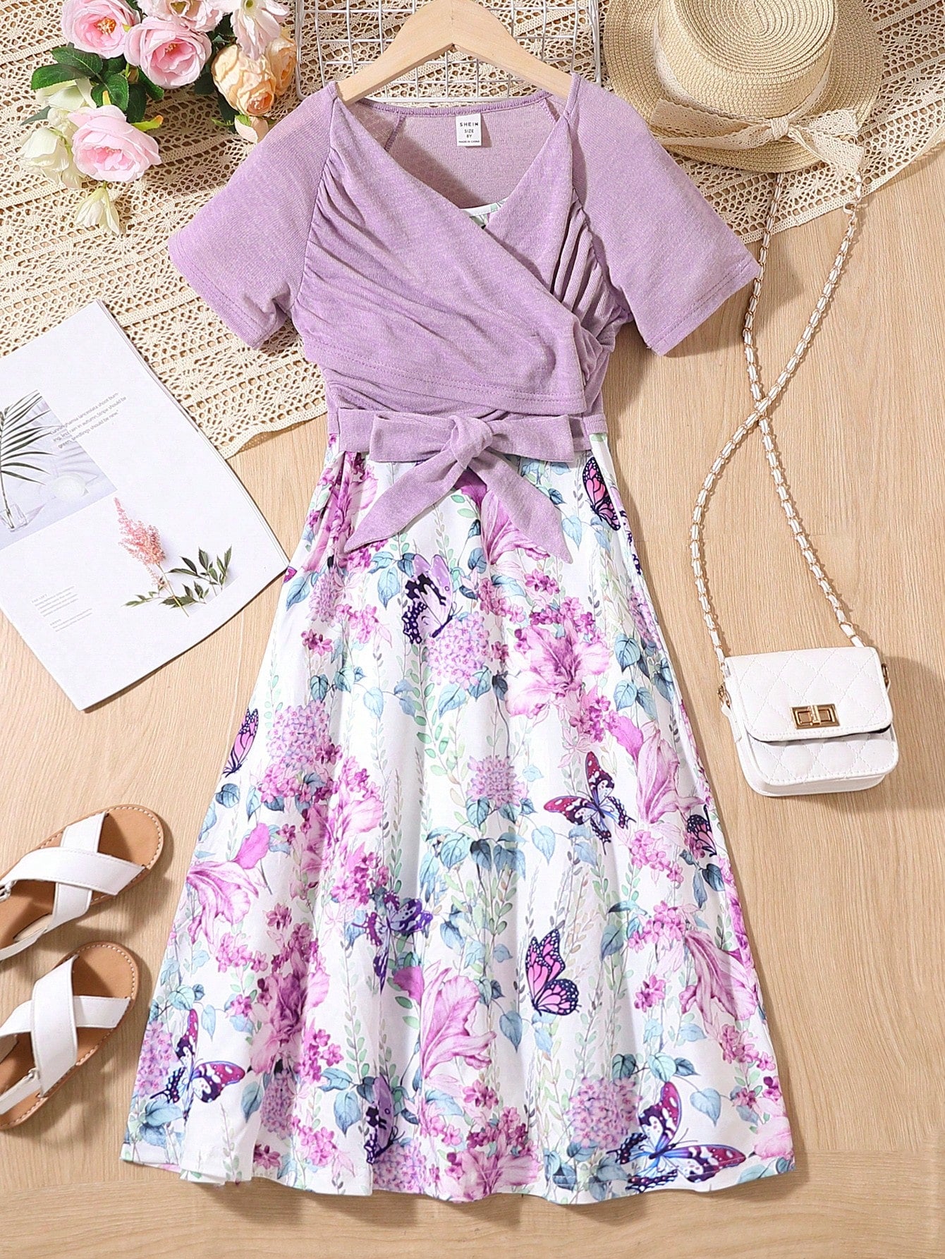 Girls Floral Print Ruffle Trim Pleated Belted Dress