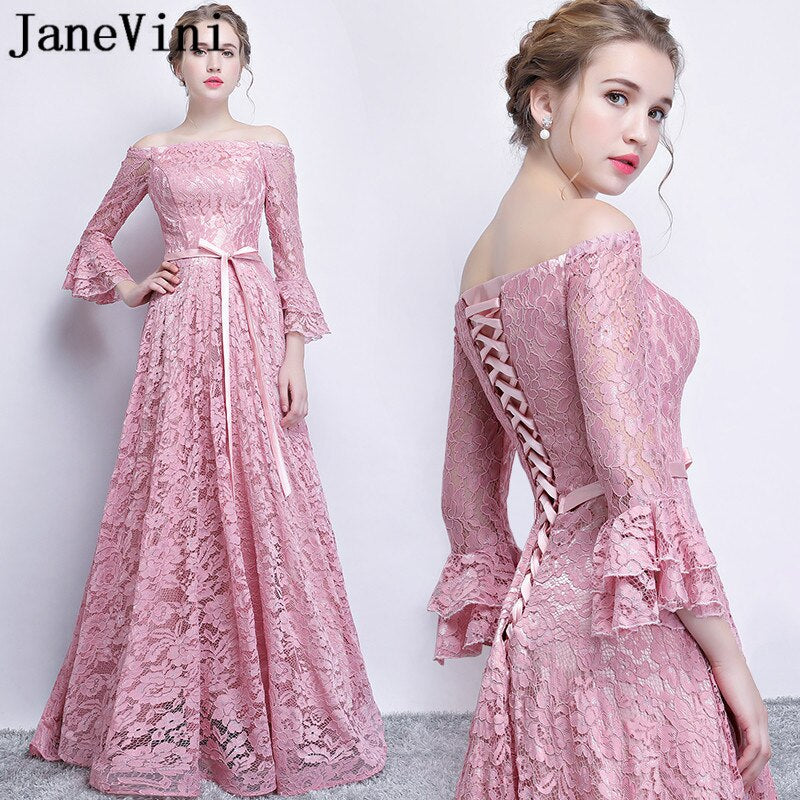 JaneVini Elegant Dusty Pink Women Bridesmaid Dresses With 3/4 Sleeves Lace Off S