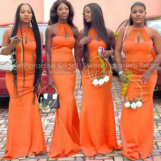 Orange Mermaid Bridesmaid Dresses Long Haler Keyhole Neck Sleeveless Trumpet Bla