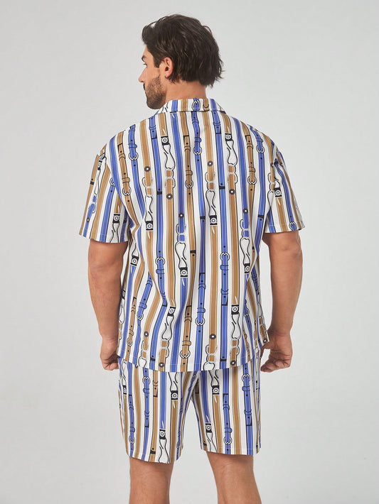 Men Striped & Belt Print Shirt & Shorts PJ Set