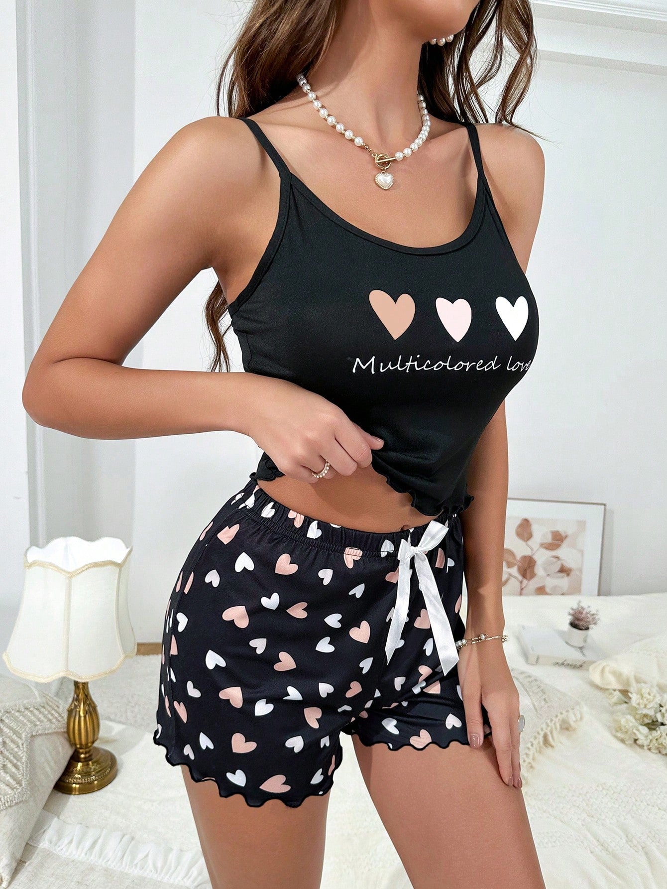 Heart & Slogan Graphic Lettuce Trim Cami Top & Shorts PJ Set