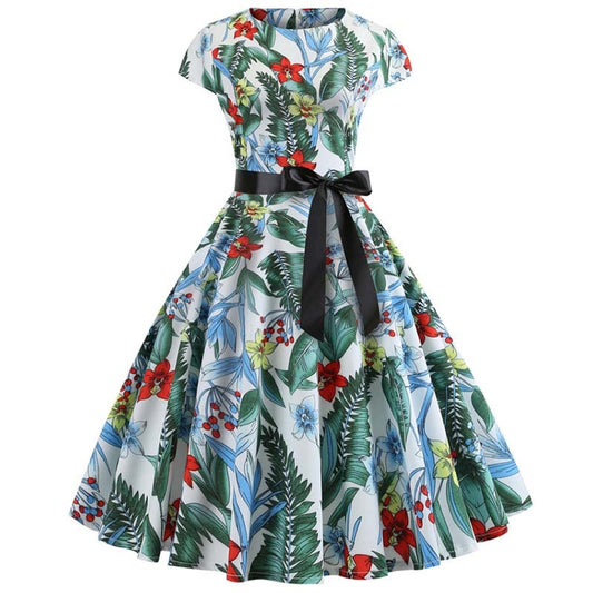 Women Vintage Dress Summer Floral Print Short Sleeve Dresses 50s 60s Office Part