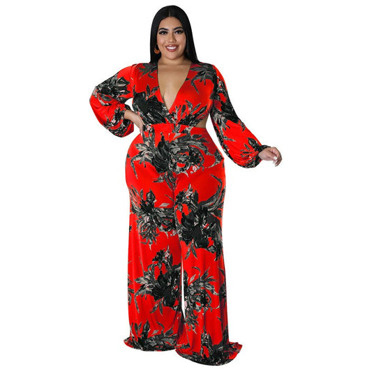 Plus Size Women 5xl Jumpsuits Floral Print One Piece Outfit Fashion v Neck Long