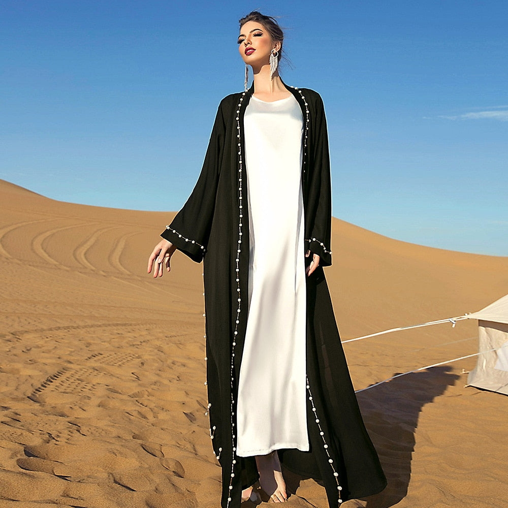 Muslim Robe Black Retro Beaded Long Section With Free Belt Ladies Arabian Dress