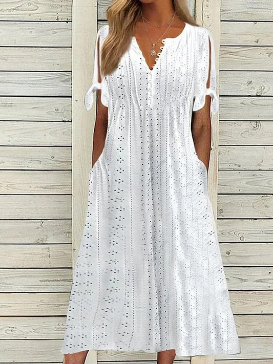 Summer New Women's Dress With Hollow Out V-neck Lace Ruffles Chic Elegant Long