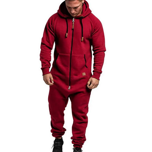 Mens Onesie Jumpsuit Pajamas Long Sleeve Sweatpants Pure Color Splicing Autumn