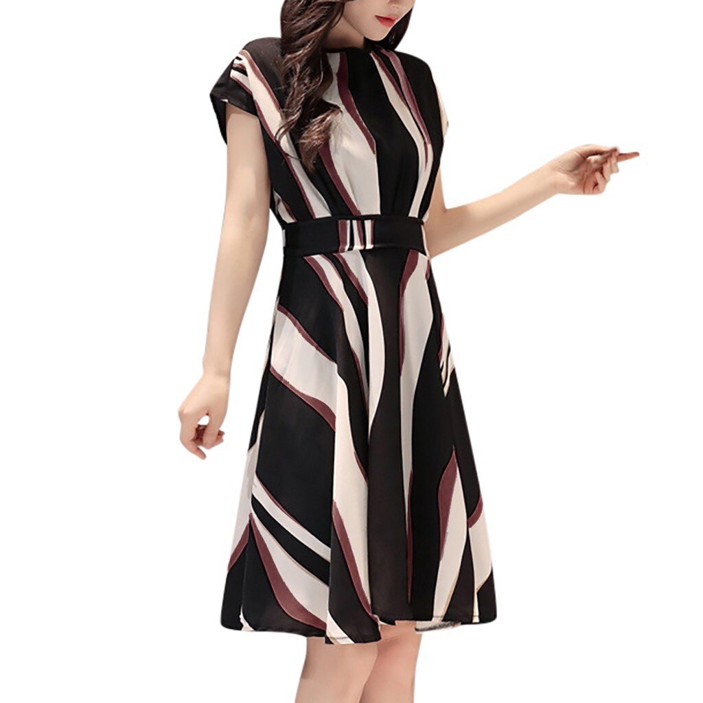 Women Summer Dress Short Sleeve Round Collar All-match Chic Printing Slim