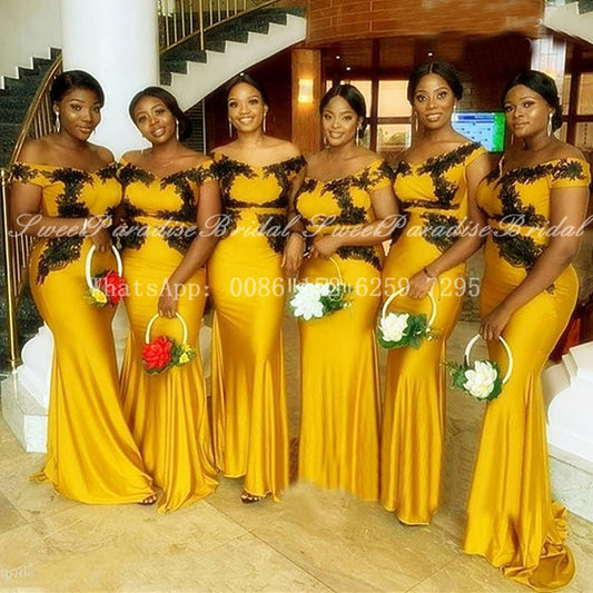 Gold Yellow Mermaid Long Bridesmaid Dresses With Black Appliques Off Shoulder Bl