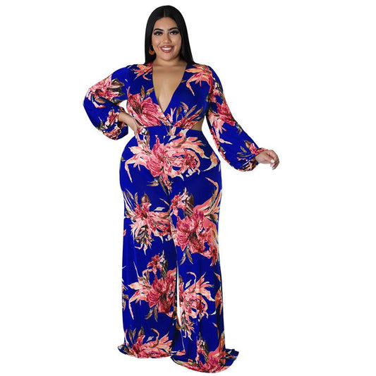 Plus Size Women 5xl Jumpsuits Floral Print One Piece Outfit Fashion v Neck Long