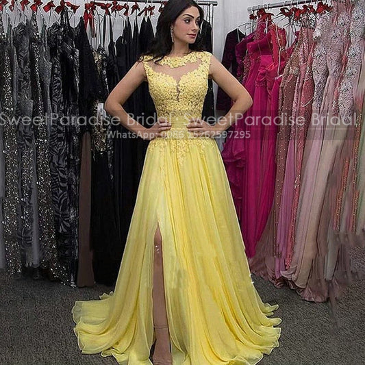 Yellow Chiffon a Line Bridesmaid Dresses With Appliques Beads Women Long Sheer N