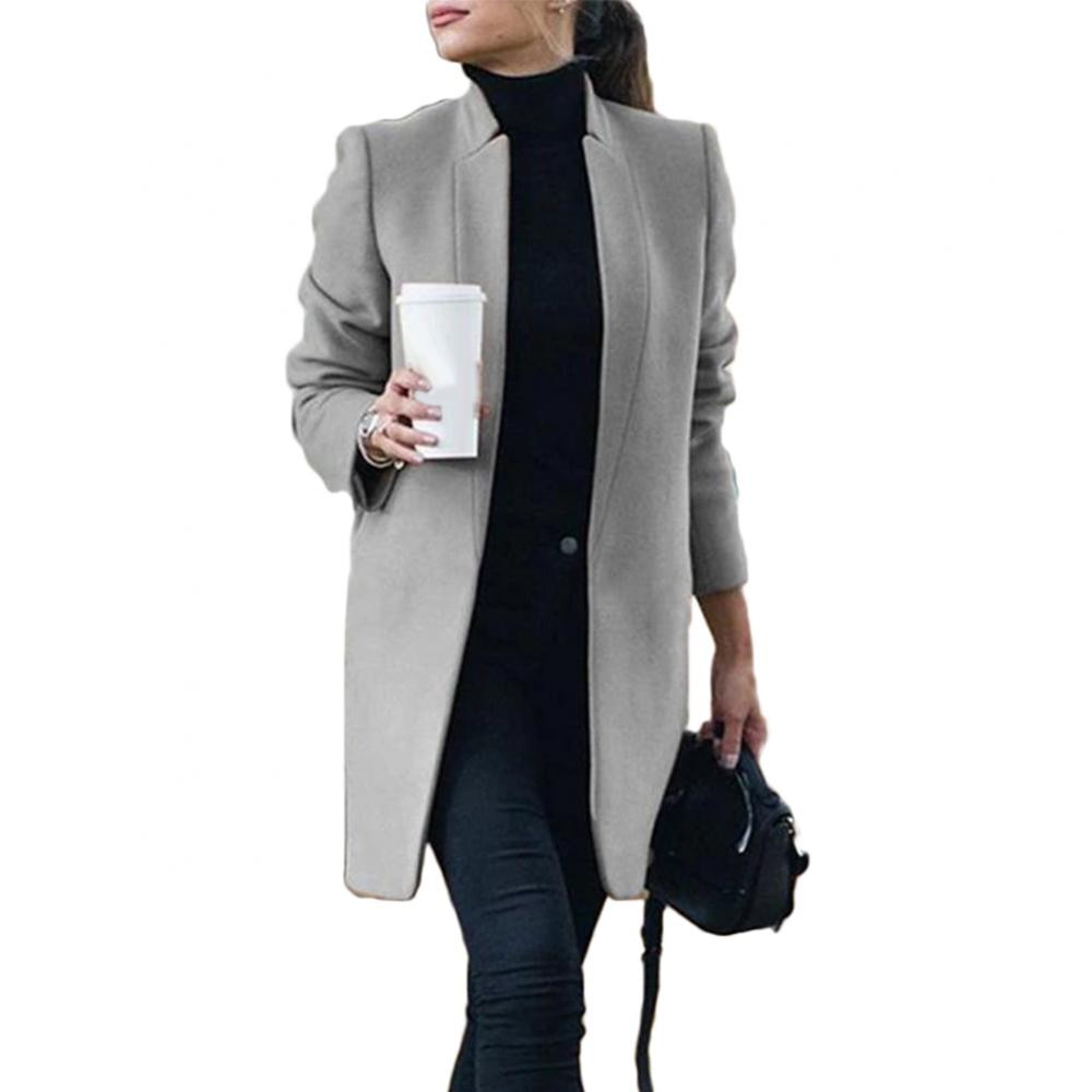 Office Lady Autumn Solid Color Stand Collar Woolen Long Coat