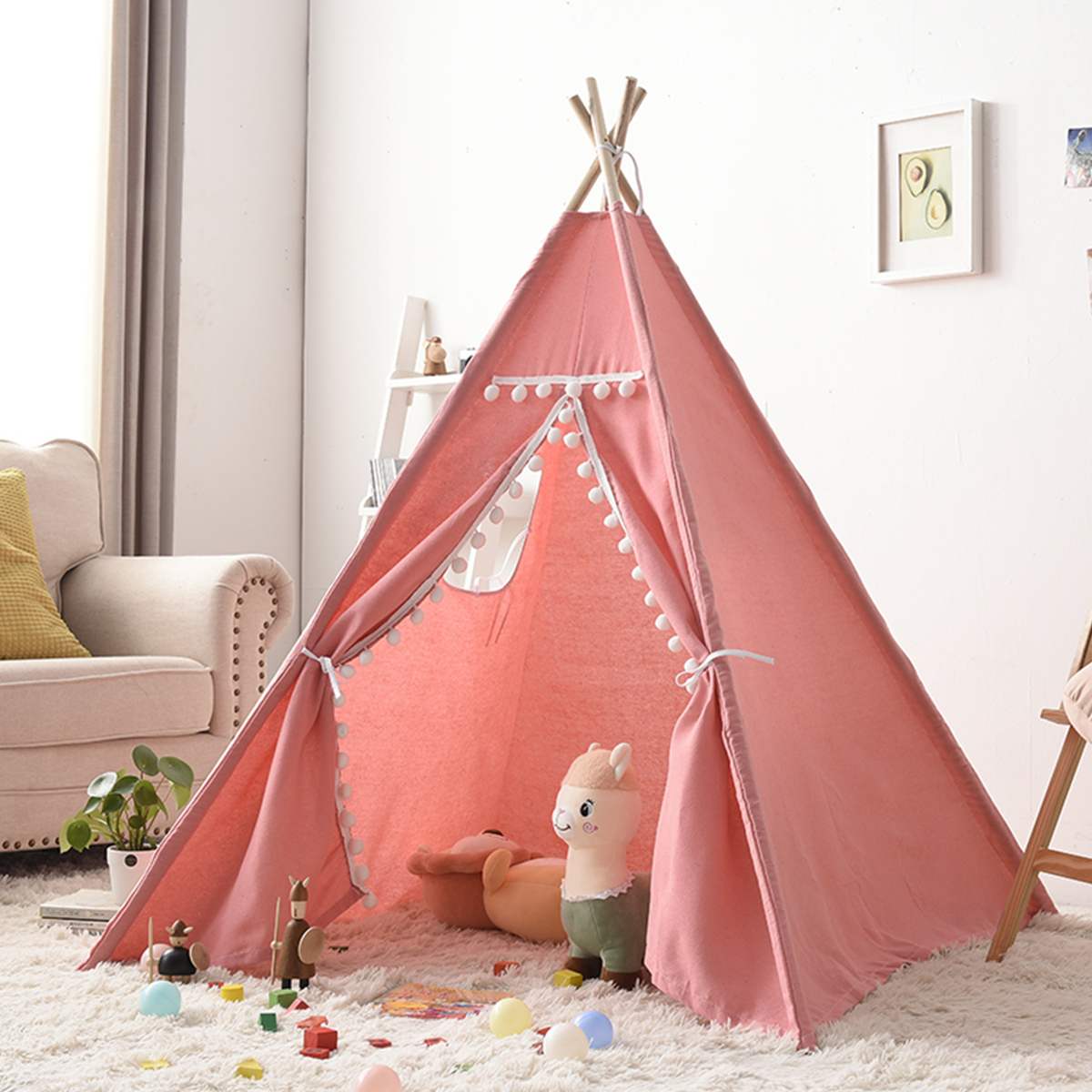 1.6M Large Teepee Triangle Tent Kids Playhouse Cotton Canvas Pretend Play Tent D