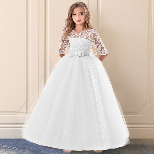 5-14 Year Bridesmaid Girl Lace White Flower Dress For Wedding Ceremony