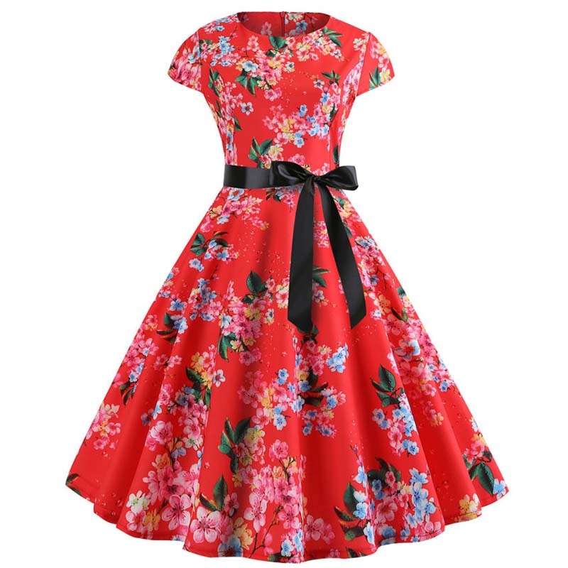 Women Vintage Dress Summer Floral Print Short Sleeve Dresses 50s 60s Office Part