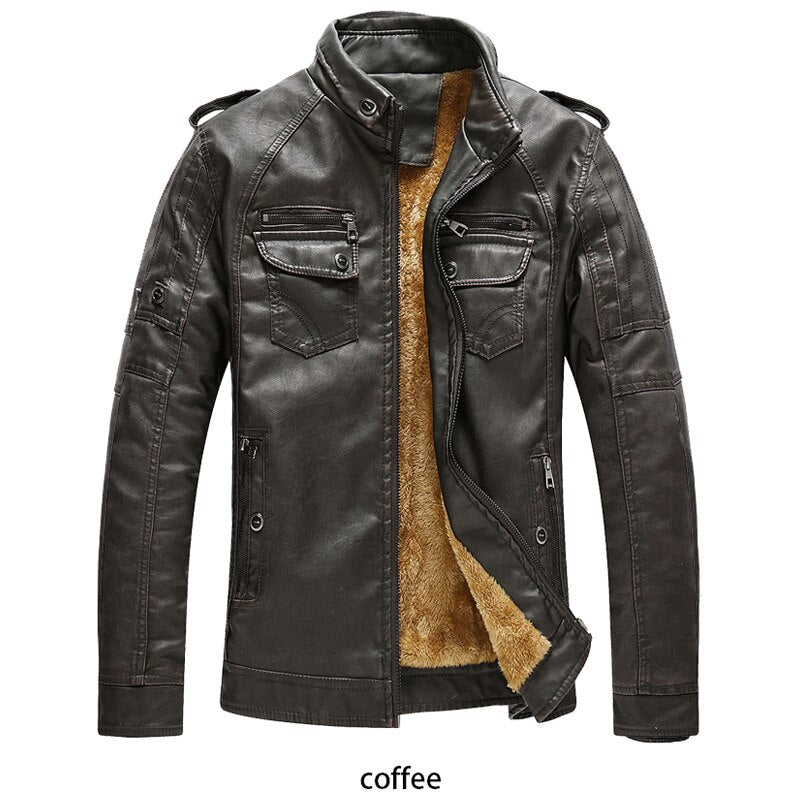 Men's Winter PU Leather Motorcycle Jackets Stand Collar Zipper Pockets Male Bike