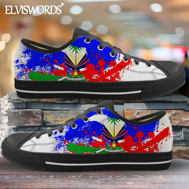 ELVISWORDS Brand Design Haiti Flags Canvas Sneaker for Women Men Leisure Vulca