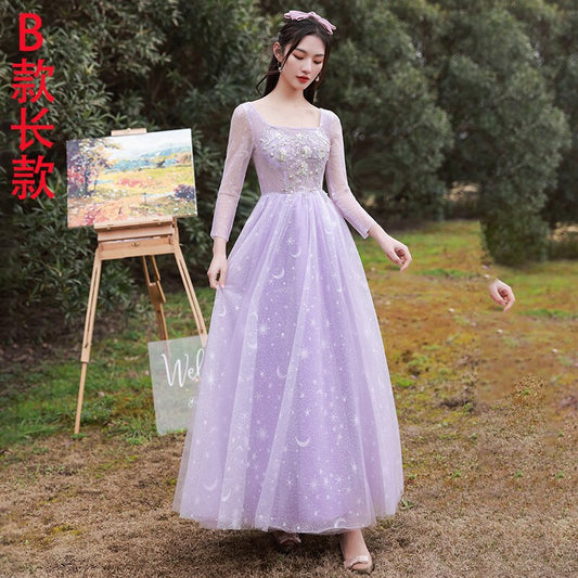 Purple Lilac Bridesmaid Dresses Fashion Princess Lace Up Tulle Long Gown Elegant