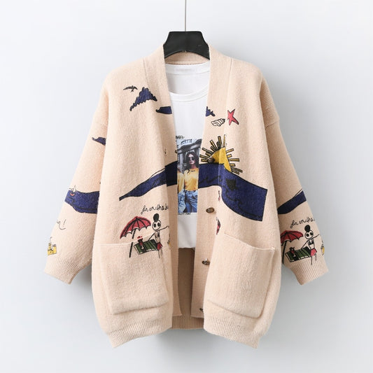 Letter Embroidery Loose Sweaters Women Winter Women Coat Cardigan Preppy Style