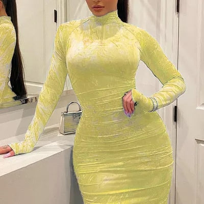 Autumn Winter Women's Bodycon Dress Pleated Elegant Long Sleeve Party Dresses