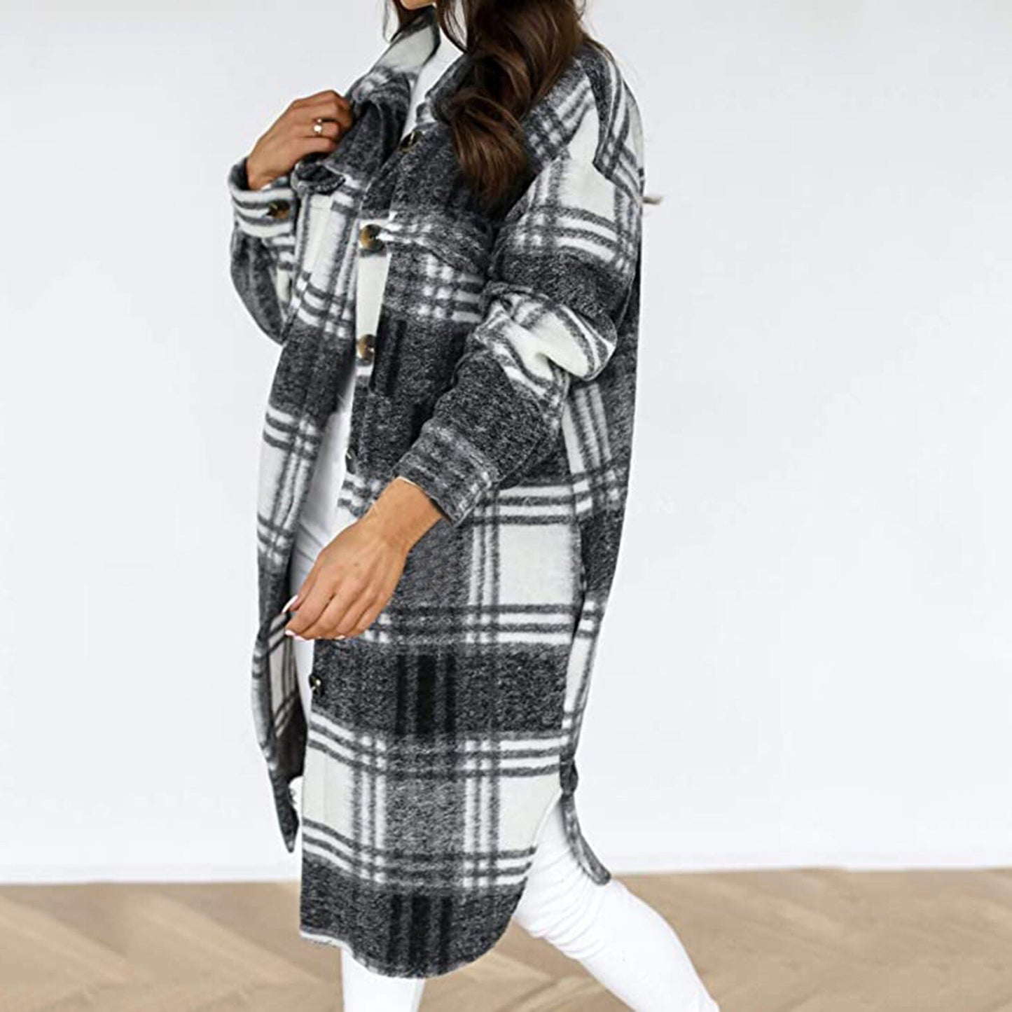 Womenâ€˜s Coat Fashion Plaid Woolen Outerwear New Long Sleeve Plaid Print Button