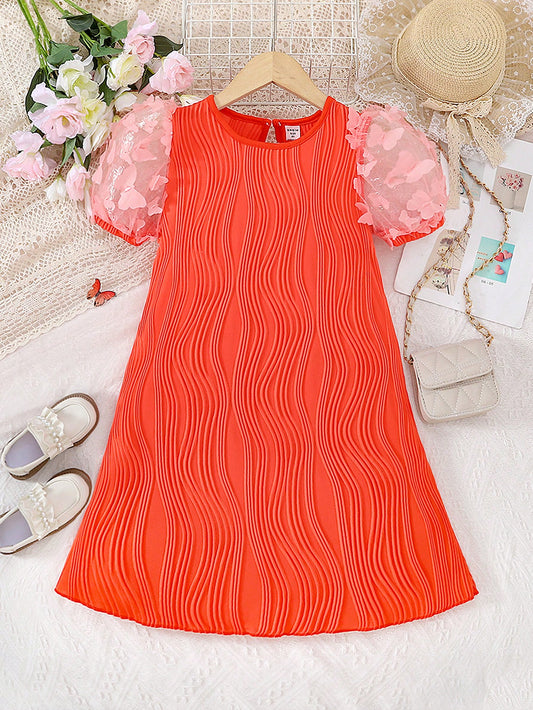 Girls Contrast Mesh Puff Sleeve Dress