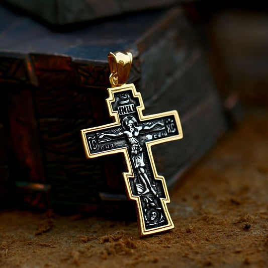 Jesus Cross Men's Stainless Steel Crucifix Eastern Orthodox Pendant Chain