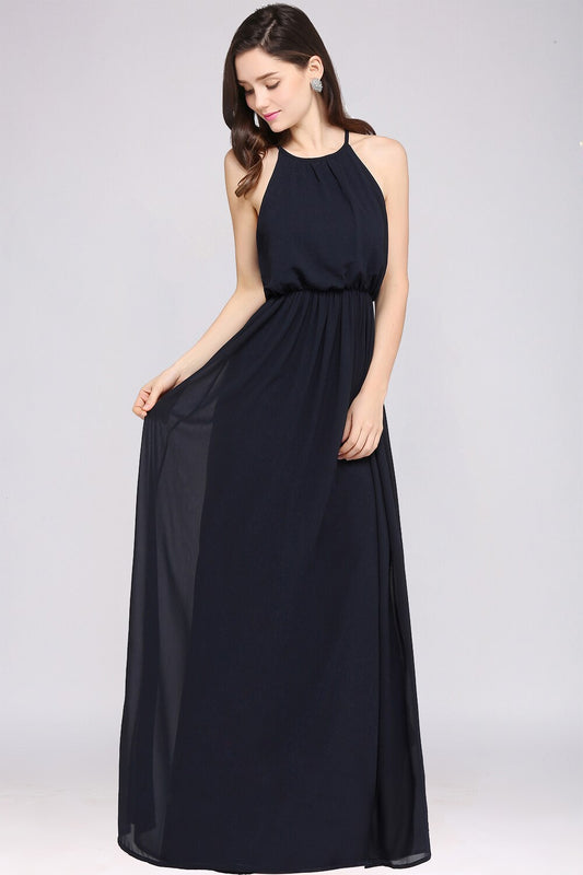 In Stock Simple Chiffon Bridesmaid Dresses A-Line Halter Sleeveless Elegant Form