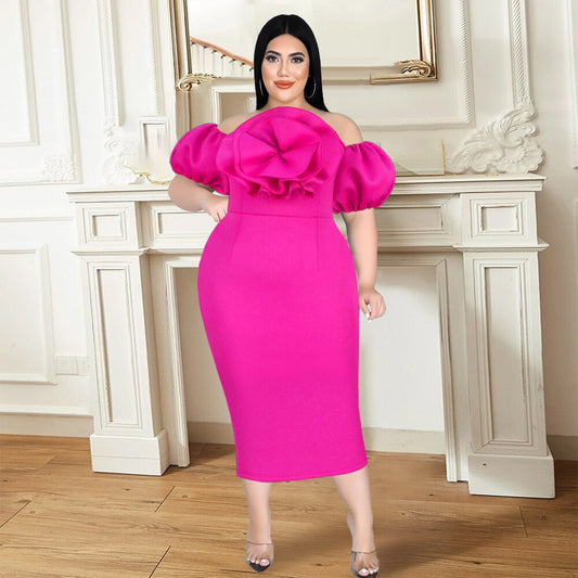 Cold Shoulder Party Dresses Plus Size 4XL Women Fuchsia Puff Sleeve Flower Styli