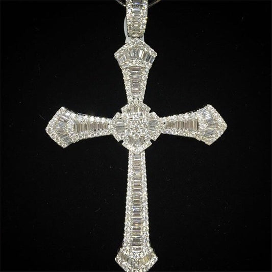 14K Gold Long Diamond Cross Pendant 925 Sterling Silver Party Wedding