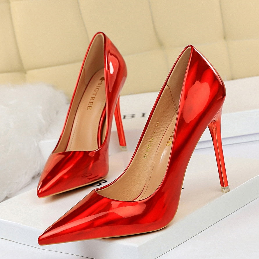 Bigtree High Heels Patent Leather Women Pumps Cute Wedding Shoes Extreme High He